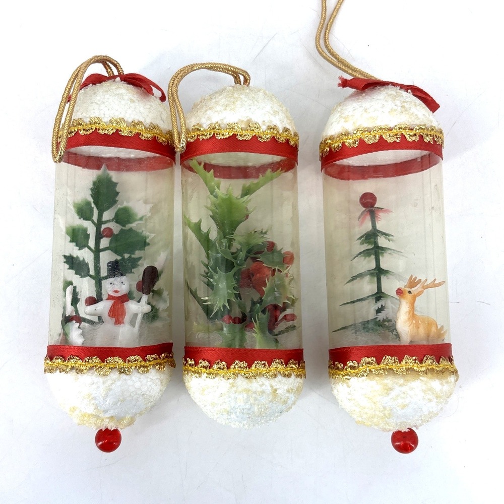 Vintage MCM Plastic Diorama Christmas Ornaments Snowman, Deer, Cardinal Handmade